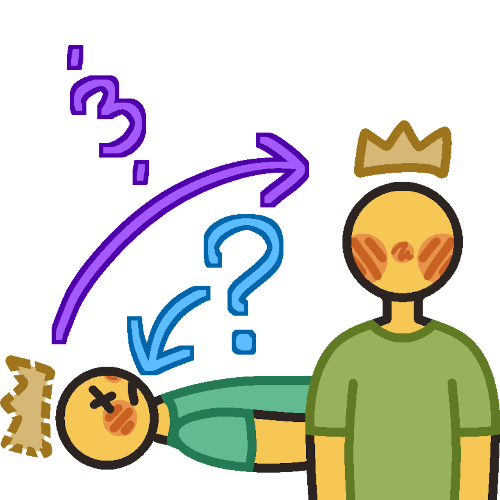 A person wearing a blue-green shirt lying on the ground with X's for eyes and a dashed outline crown. A blue question mark and arrow point to this person, and a purple arrow and 'and sign' point to a person wearing a green shirt standing on the right with a solid outline crown over their head.